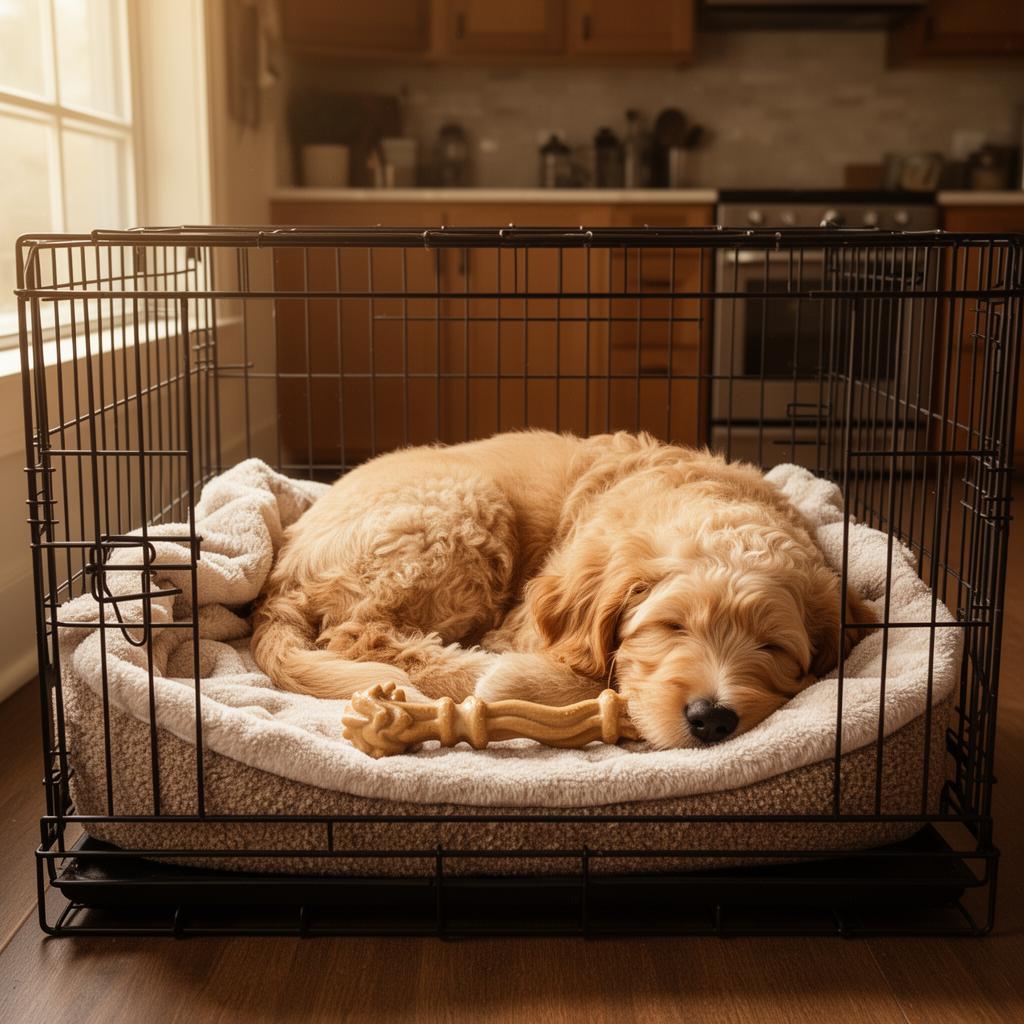 A cozy puppy crate setup with soft bedding and a chew toy