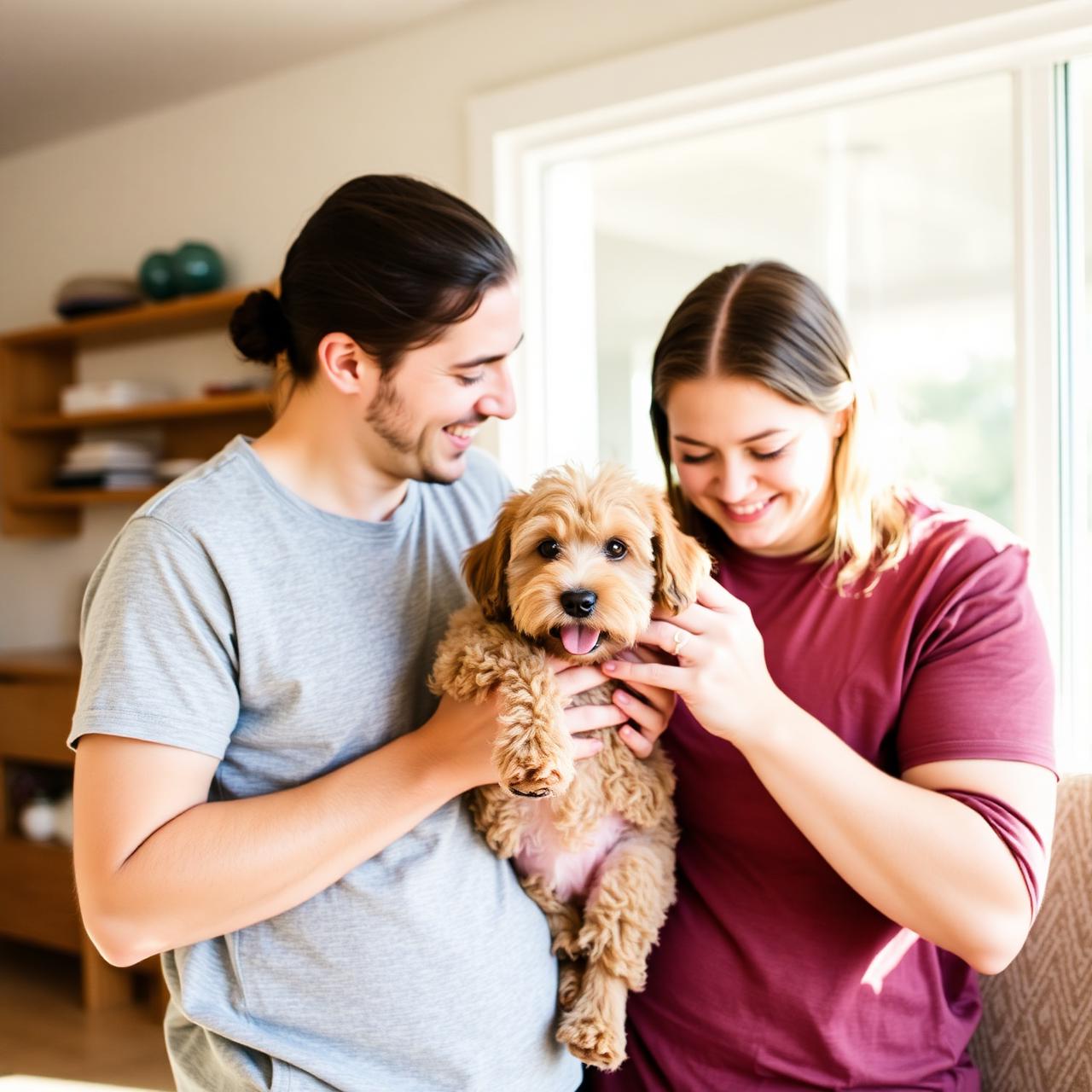 A couple lovingly holding a Goldendoodle puppy